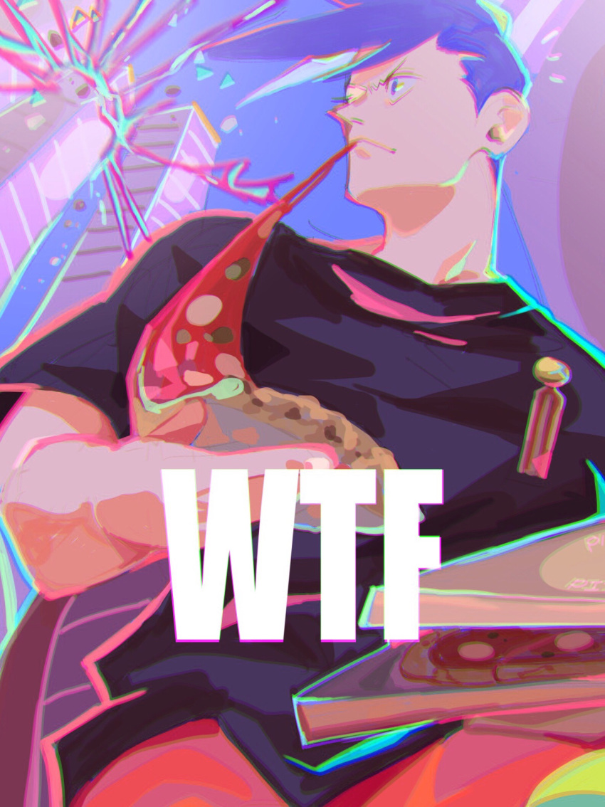 1boy badge blue_eyes blue_hair building casual chromatic_aberration eating explosion fire food galo_thymos green_fire highres jonya male_focus pizza pizza_box pizza_slice promare purple_fire shirt skyscraper solo spiky_hair t-shirt what