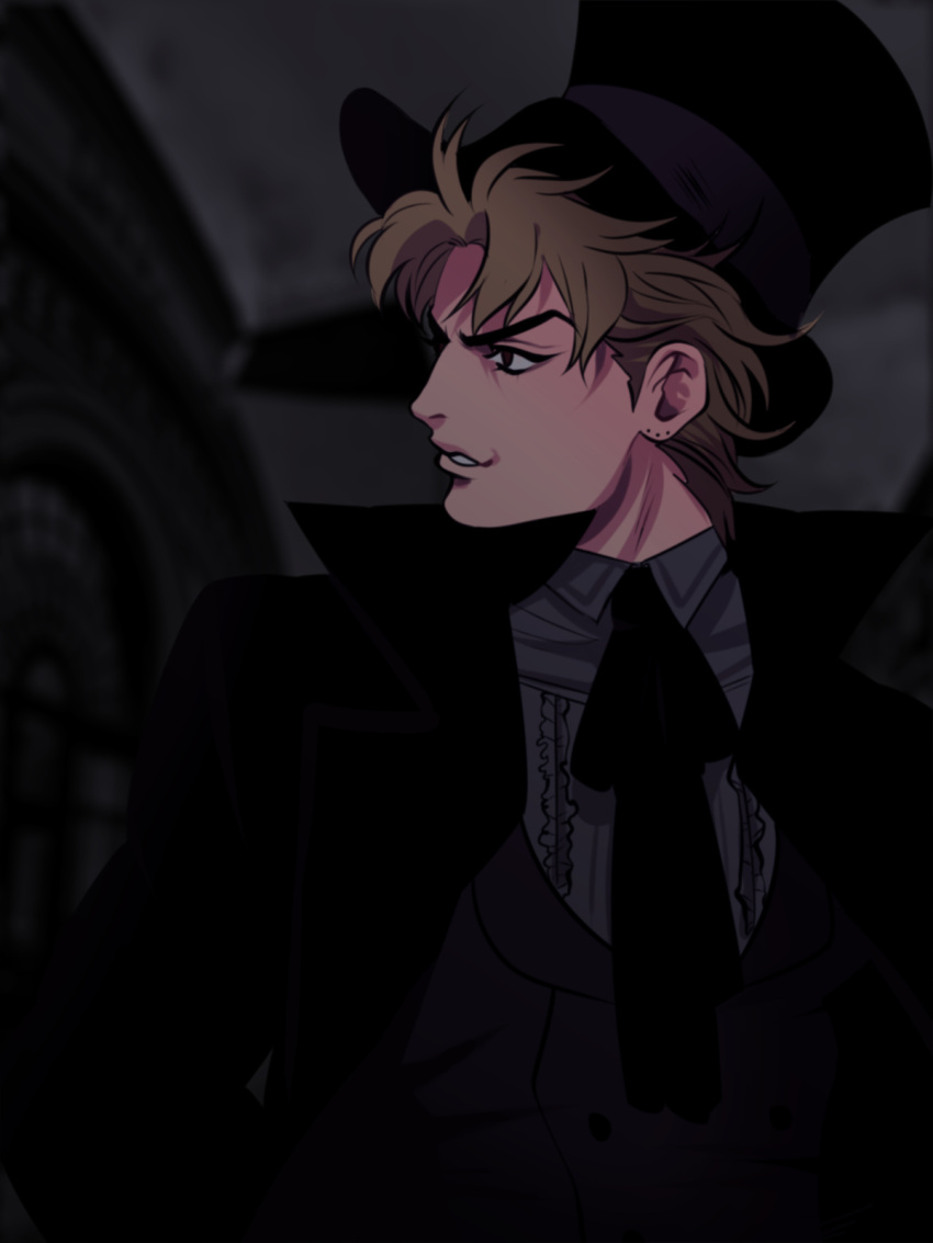 1boy blonde_hair coat dark darkness dio_brando evil_grin evil_smile formal grin hat highres jojo_no_kimyou_na_bouken jonya male_focus necktie overcoat phantom_blood red_eyes shadow smile solo top_hat