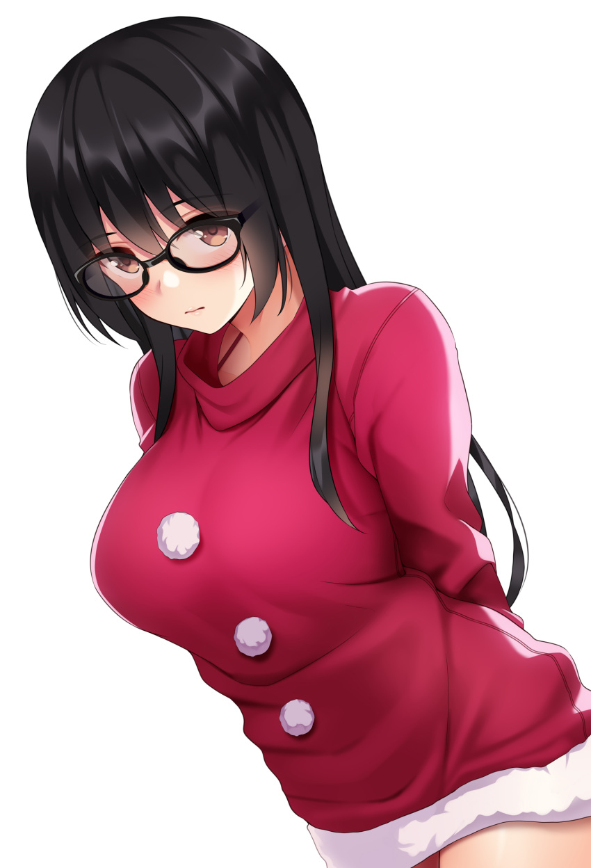 1girl absurdres arms_behind_back bangs bikini black-framed_eyewear black_hair blush breasts brown_eyes closed_mouth collarbone eyebrows_visible_through_hair fur-trimmed_sweater glasses hat highres huyumitsu long_hair looking_at_viewer medium_breasts original pom_pom_(clothes) red_bikini red_sweater simple_background solo standing straight_hair sweater swimsuit white_background