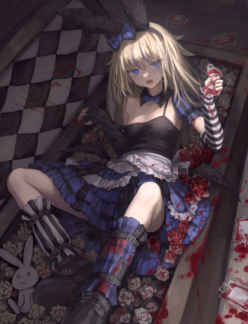 1girl animal_ears bare_shoulders belt black_footwear black_gloves black_hairband black_nails blonde_hair blood blood_bag blood_on_clothes blood_on_dress blood_on_flower blood_on_hands blue_bow blue_dress blue_eyes blue_hair bow checkered coffin dress elbow_gloves eyebrows_visible_through_hair eyes_visible_through_hair fake_animal_ears fangs fingerless_gloves fingernails flower frilled_dress frills gloves hair_bow hairband highres holding long_fingernails long_hair low_wings mini_wings multicolored_hair open_mouth original osabachan patterned plaid plaid_bow puffy_sleeves rabbit_ears rose single_bare_shoulder slit_pupils solo squeezing streaked_hair striped stuffed_animal stuffed_bunny stuffed_toy teeth vampire white_flower white_rose wings x_x