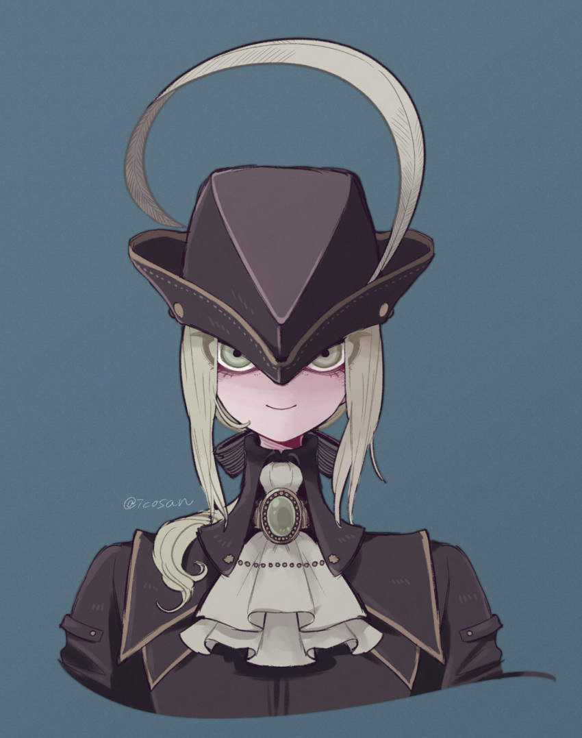 1girl ascot bangs black_coat black_headwear bloodborne blue_background coat commentary cropped_shoulders feathers gem green_eyes hat hat_feather highres iccoco lady_maria_of_the_astral_clocktower long_hair looking_at_viewer ponytail simple_background smile solo tricorne upper_body white_ascot