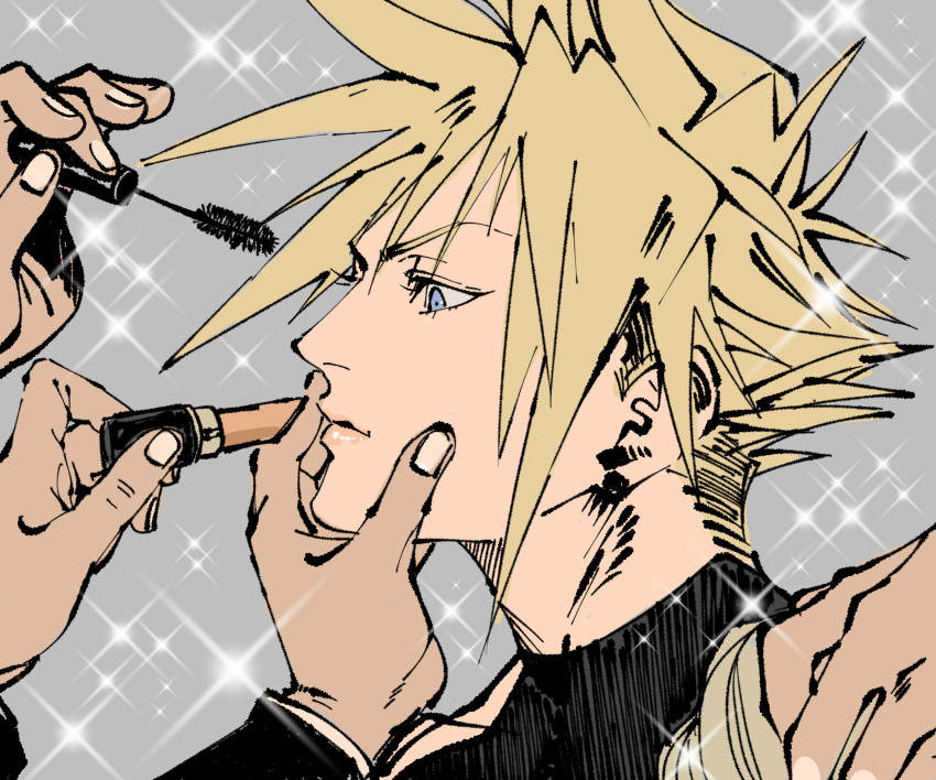 1boy absurdres applying_makeup blonde_hair blue_eyes cloud_strife cosmetics expressionless eyeliner final_fantasy final_fantasy_vii grabbing_another's_chin hand_on_another's_chin hands highres jonya lipgloss lipstick_tube makeup male_focus out_of_frame profile shoulder_grab solo_focus spiky_hair