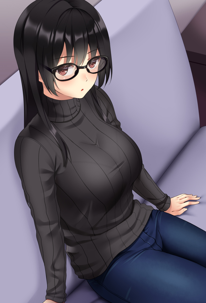 1girl absurdres arm_support arms_at_sides bangs black-framed_eyewear black_hair black_sweater blush bralines breasts couch denim eyebrows_visible_through_hair feet_out_of_frame glasses highres huyumitsu indoors jeans large_breasts long_hair long_sleeves looking_at_viewer on_couch original pants parted_lips photoshop_(medium) red_eyes ribbed_sweater sitting solo straight_hair sweater taut_sweater turtleneck turtleneck_sweater