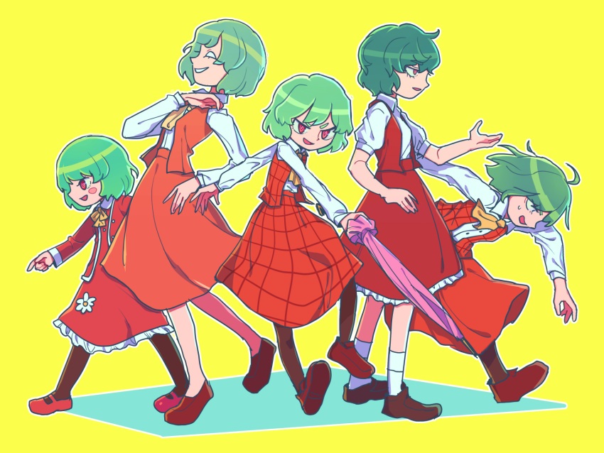 5girls @_@ akira_(cookie) ascot bangs black_legwear brown_footwear collared_shirt commentary_request cookie_(touhou) dress frilled_skirt frills full_body green_hair highres hita_(hizokuseikogeki) kazami_yuuka long_skirt long_sleeves looking_afar looking_at_viewer macota_(cookie) multiple_girls no_pupils open_clothes open_mouth open_vest pantyhose parasol plaid plaid_skirt plaid_vest red_dress red_eyes red_skirt red_vest redqueen_(cookie) reitetsu_(cookie) shirt short_hair skirt skirt_set smile socks touhou umbrella vest wavy_hair white_legwear white_shirt yellow_ascot yellow_background