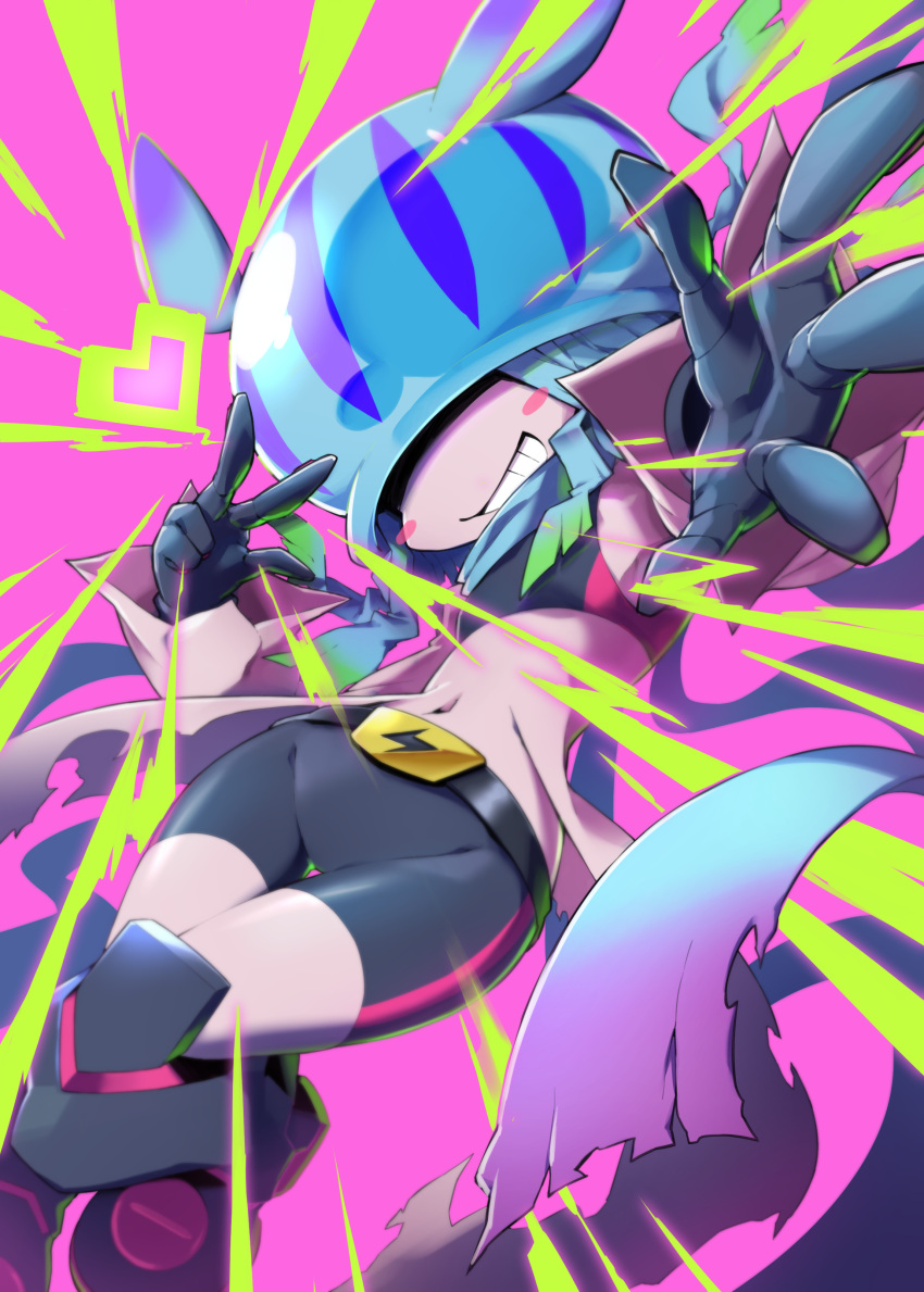 1girl absurdres armored_boots armpits bare_shoulders belt black_belt black_sports_bra blue_hair blue_headwear blush_stickers boots breasts colored_skin commentary covered_eyes digimon digimon_(creature) digimon_ghost_game gradient_hair grin heart highres long_hair midriff multicolored_hair navel pink_background pink_skin simple_background skindentation small_breasts smile solo sports_bra teeth teslajellymon thigh_gap toyuri_(angrm) v