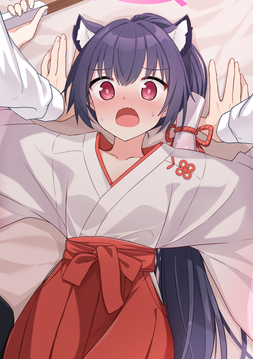 1boy 1girl absurdres animal_ears arms_up bangs black_hair blue_archive blush breasts collarbone eyebrows_visible_through_hair fang hair_tubes hakama hakama_skirt highres hino_(2nd_life) japanese_clothes kimono long_hair long_sleeves looking_at_viewer lying miko nose_blush on_back open_mouth red_eyes red_hakama serika_(blue_archive) skirt solo_focus sweat white_kimono wide_sleeves
