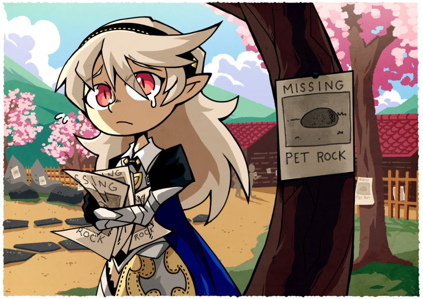 1girl black_hairband blue_cape blue_sky boulder cape cherry_blossoms clouds commission corrin_(fire_emblem) corrin_(fire_emblem)_(female) fence fire_emblem fire_emblem_fates frown grass hairband long_hair looking_at_viewer missing_poster mountain pet_rock platinum_blonde_hair pointy_ears red_eyes sad setz sky slit_pupils teardrop tree