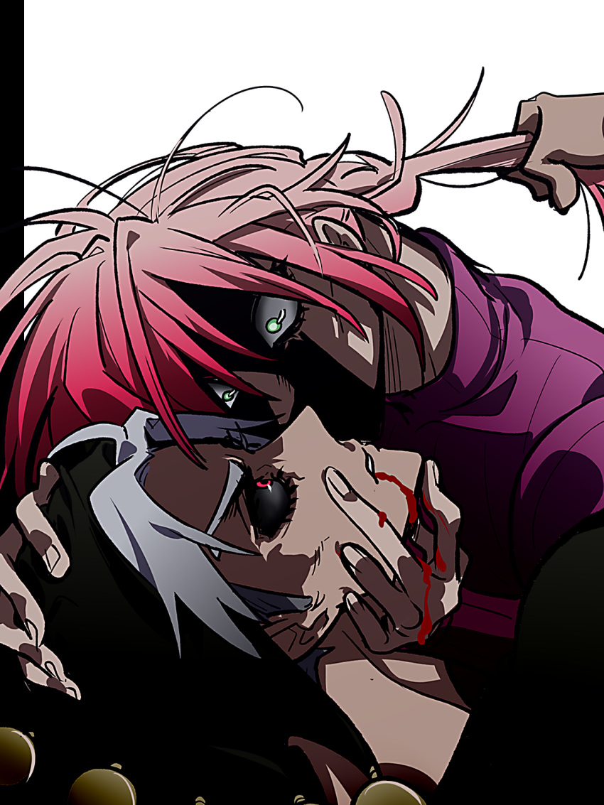 2boys black_sclera blood blood_in_mouth blood_on_face colored_sclera face_grab grabbing_another's_chin grabbing_another's_hair green_eyes grey_hair hand_on_another's_chin hat highres jojo_no_kimyou_na_bouken karabako male_focus multiple_boys pink_hair red_eyes risotto_nero shaded_face vento_aureo vinegar_doppio