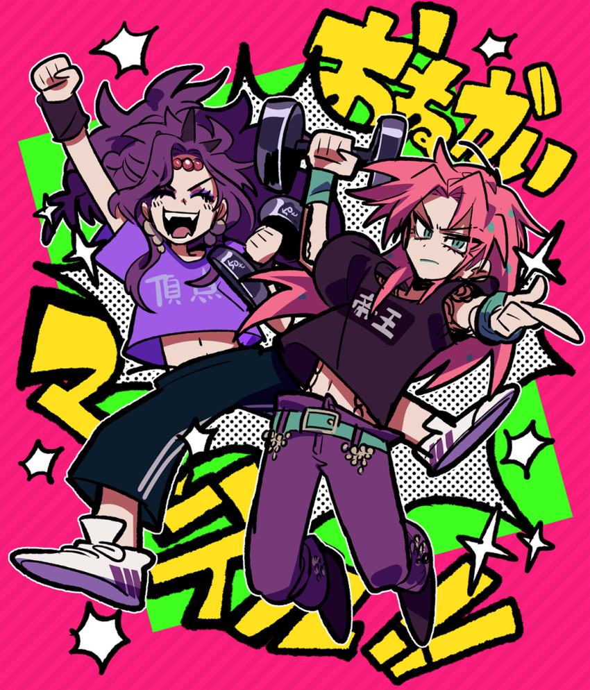 2boys alternate_hairstyle barbell circlet diavolo earrings eyeshadow green_eyes gym_pants highres jewelry jojo_no_kimyou_na_bouken karabako kars_(jojo) lipstick long_hair makeup male_focus multiple_boys pants pink_hair pointing polka_dot_hair purple_hair purple_pants shirt t-shirt vento_aureo wavy_hair