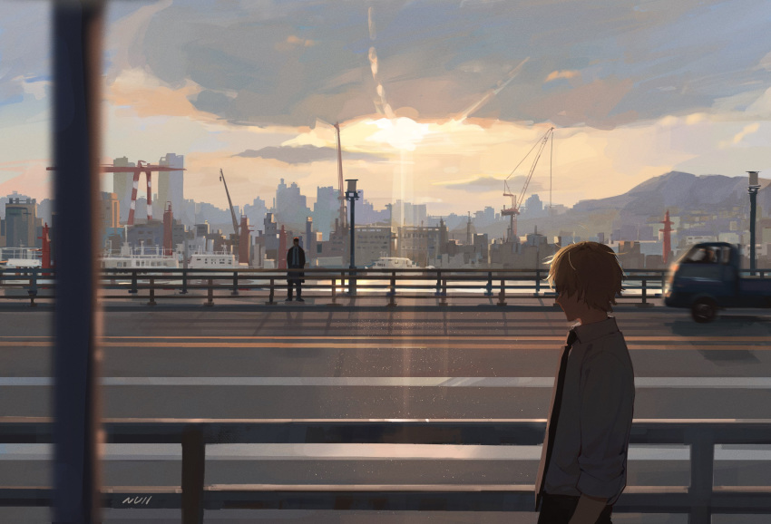 1boy 1girl artist_name black_necktie blonde_hair building chainsaw_man city cityscape clouds collared_shirt covered_eyes crane_(machine) denji_(chainsaw_man) faceless faceless_female ground_vehicle highres light_rays makima_(chainsaw_man) motion_blur motor_vehicle necktie null_(skev7724) outdoors railing road scenery shirt short_hair signature sky standing street sunbeam sunlight truck white_shirt wide_shot