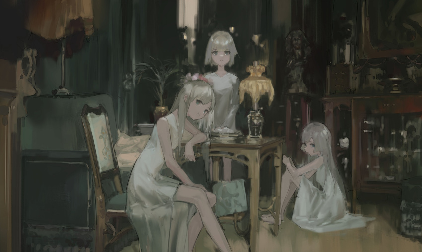 3girls :| absurdres bangs bare_legs black_eyes blue_eyes chair chinese_commentary closed_mouth commentary_request dark desk dress hair_intakes hair_ornament highres indoors lamp long_hair looking_at_viewer multiple_girls original short_hair sitting standing statue swept_bangs white_dress white_hair zygocactus
