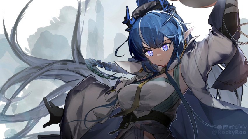 1girl arknights arm_up artist_name black_gloves blue_cape blue_eyes blue_hair braid breasts bright_pupils cape closed_mouth dragon_horns elbow_gloves gloves high_ponytail highres horns large_breasts ling_(arknights) long_hair long_sleeves looking_at_viewer necktie rockyroo side_braid solo underbust upper_body very_long_hair wide_sleeves yellow_necktie