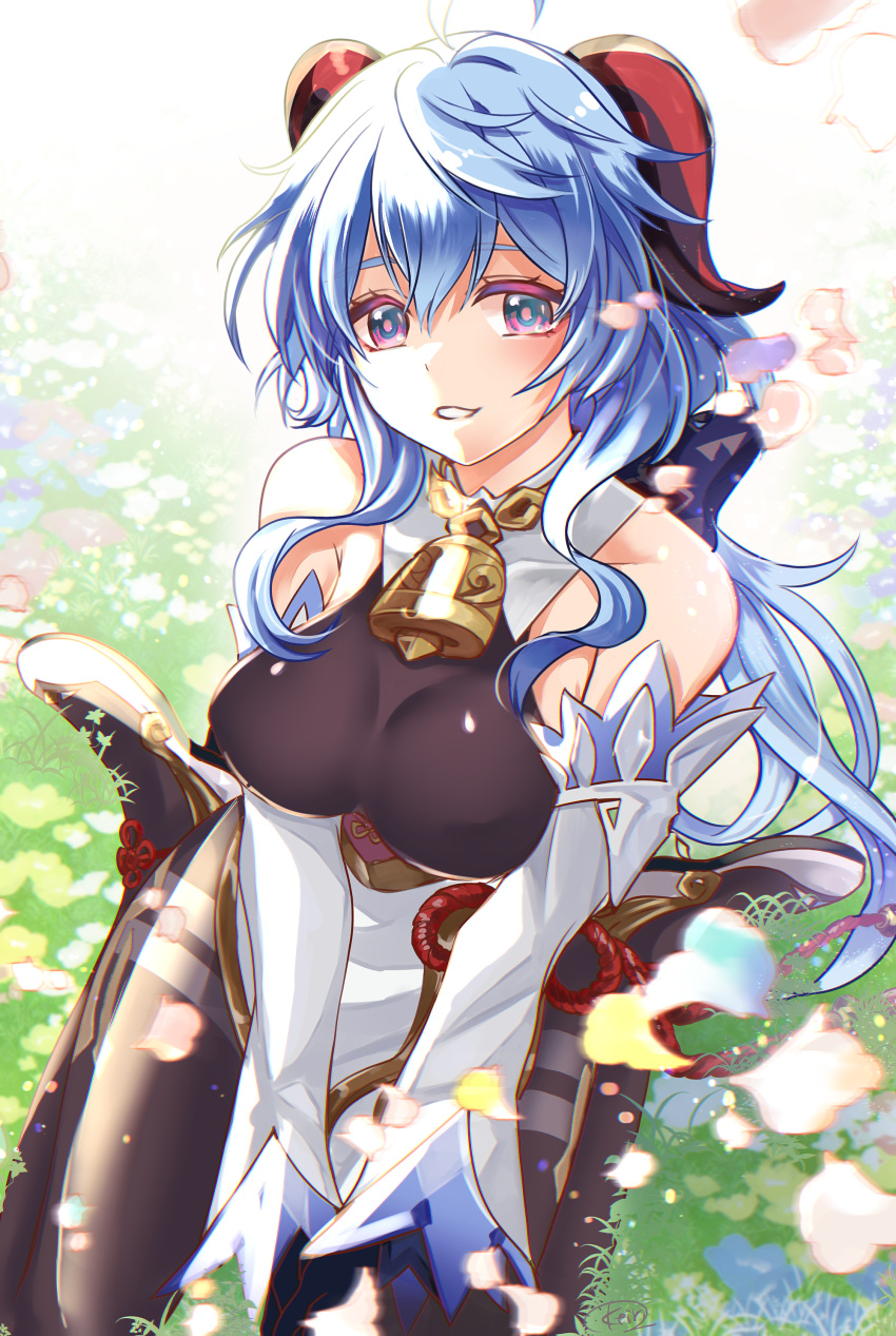 absurdres ahoge bangs bare_shoulders bell black_legwear blue_hair blush breasts detached_sleeves field flower flower_field from_above ganyu_(genshin_impact) genshin_impact gold_trim grass high_heels highres horns keiri_org long_hair looking_at_viewer medium_breasts neck_bell outdoors parted_lips petals red_rope rope sidelocks sitting smile solo thighlet violet_eyes wariza white_sleeves