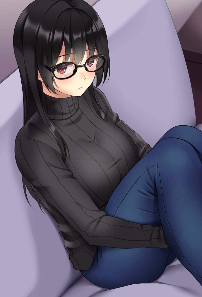 1girl absurdres bangs black-framed_eyewear black_hair black_sweater blush bralines breasts closed_mouth couch denim eyebrows_visible_through_hair feet_out_of_frame glasses highres huyumitsu indoors jeans knees_up large_breasts long_hair long_sleeves looking_at_viewer on_couch original pants photoshop_(medium) red_eyes ribbed_sweater sitting solo straight_hair sweater taut_sweater textless turtleneck turtleneck_sweater