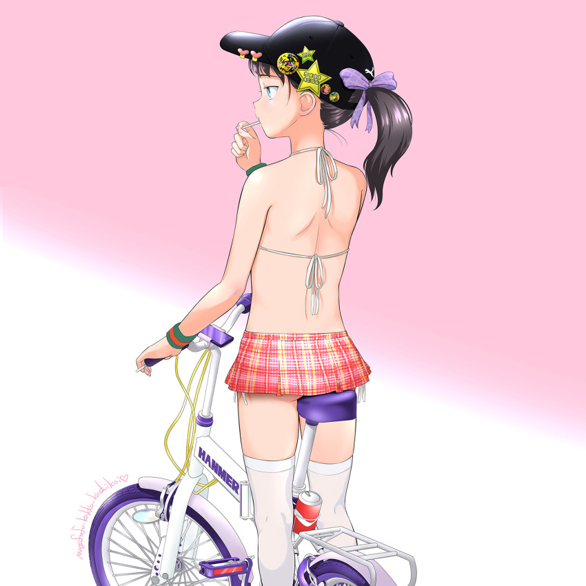 1girl ass badge bangs bare_shoulders baseball_cap bicycle bikini black_hair black_headwear bow button_badge can feet_out_of_frame from_behind gradient gradient_background green_eyes ground_vehicle hair_bow halter_top halterneck hand_up hat heart highres long_hair looking_away mayafufu original pink_background plaid plaid_bow plaid_skirt pleated_skirt ponytail purple_bow side-tie_bikini skirt solo standing star_(symbol) sweatband swimsuit thigh-highs white_background white_bikini white_legwear wristband