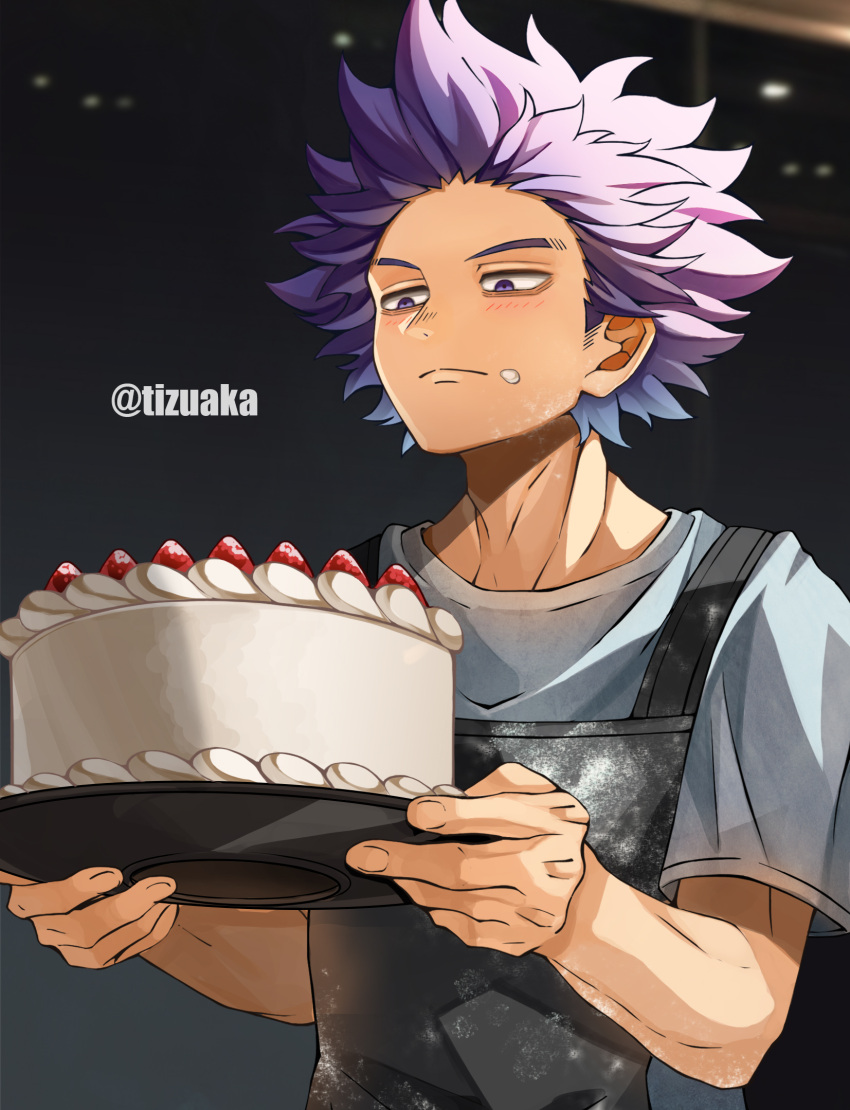 1boy adam's_apple apron bags_under_eyes bangs boku_no_hero_academia cake carrying dirty dirty_clothes dirty_face food food_on_face fruit highres holding holding_food icing light_blush looking_at_food looking_at_object male_focus messy_hair night purple_hair shinsou_hitoshi shirt short_hair short_sleeves solo spiky_hair strawberry tonbanlove twitter_username violet_eyes white_shirt window