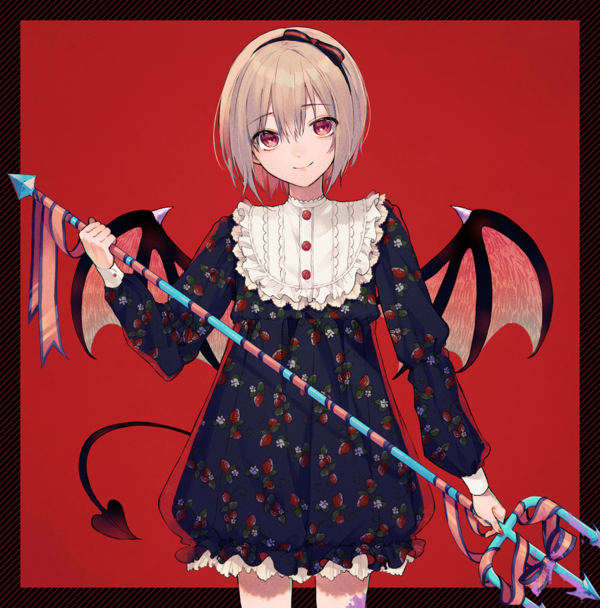 1girl bangs black_hairband blue_dress brown_hair chisumi closed_mouth commentary_request cowboy_shot demon_girl demon_tail demon_wings dress eyebrows_visible_through_hair food_print hair_between_eyes hairband hand_up highres holding holding_polearm holding_weapon long_sleeves looking_at_viewer original polearm print_dress puffy_long_sleeves puffy_sleeves red_background red_eyes red_wings short_hair smile solo strawberry_print tail trident weapon wings