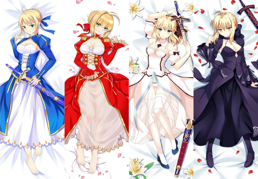 4girls ahoge armor armored_boots armored_dress artoria_pendragon_(all) bare_shoulders black_bow black_dress blonde_hair blue_bow blue_dress blush boots bow braid breasts brown_bow caliburn closed_mouth commentary_request dakimakura dark_excalibur detached_sleeves dress excalibur facial_mark fate/extra fate/grand_order fate/stay_night fate/unlimited_codes fate_(series) gauntlets glowing glowing_sword glowing_weapon green_eyes hair_bow hair_bun hair_intakes hair_ribbon highres holding holding_sword holding_weapon juliet_sleeves knee_boots light_brown_hair long_sleeves looking_at_viewer medium_breasts multiple_girls nero_claudius_(fate) nero_claudius_(fate)_(all) parted_lips puffy_short_sleeves puffy_sleeves red_dress red_ribbon ribbon saber saber_alter saber_extra saber_lily short_sleeves sidelocks sleeveless sleeveless_dress sleeves_past_wrists small_breasts smile sword weapon white_dress white_sleeves wide_sleeves