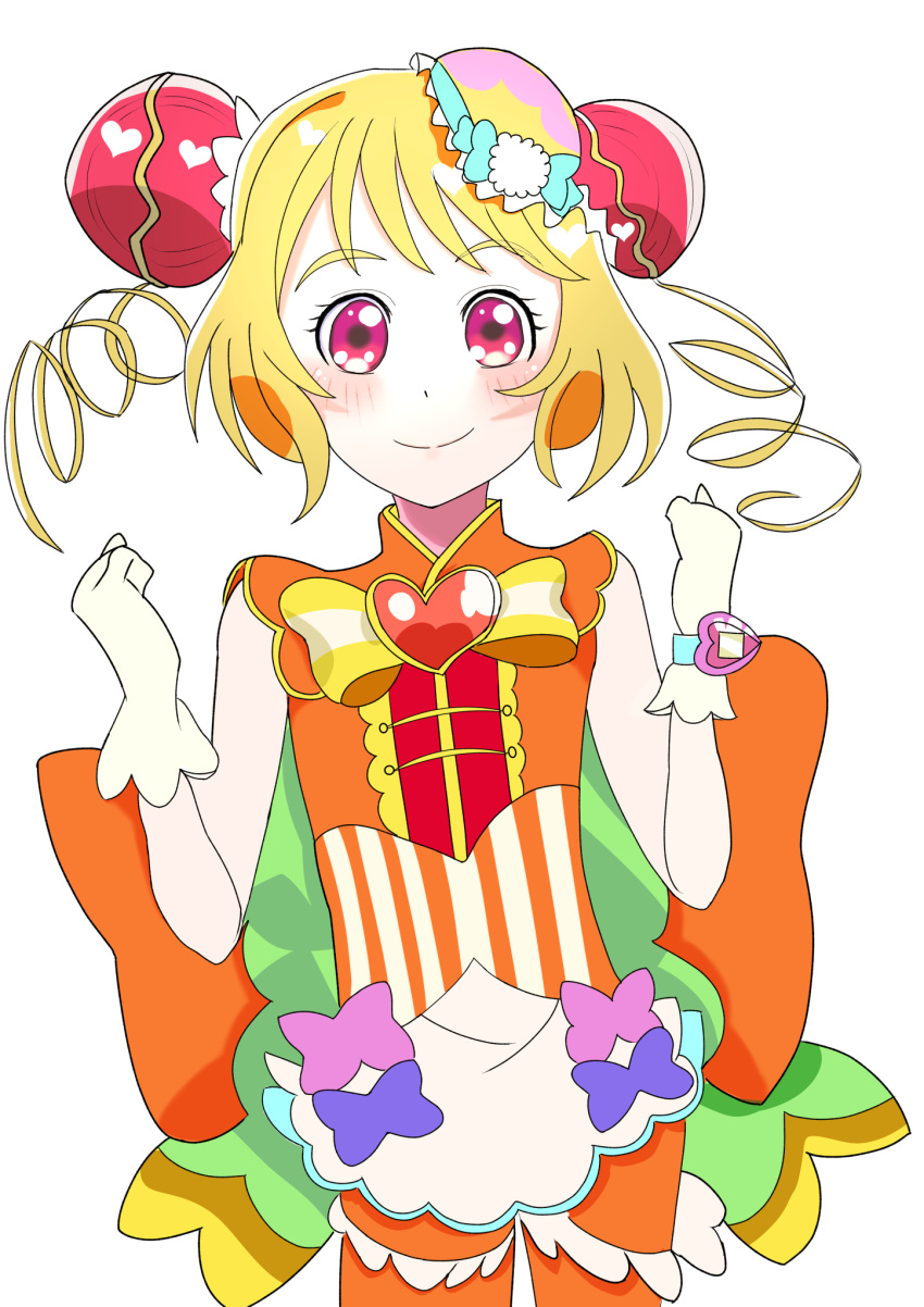 1girl :d back_bow blonde_hair blush bow brooch bun_cover cure_yum-yum delicious_party_precure double_bun drill_hair gloves green_bow hanamichi_ran hat hat_bow heart_brooch highres jewelry kozasaku3 long_hair looking_at_viewer magical_girl mini_hat open_mouth precure red_eyes smile solo striped striped_bow twin_drills upper_body white_gloves