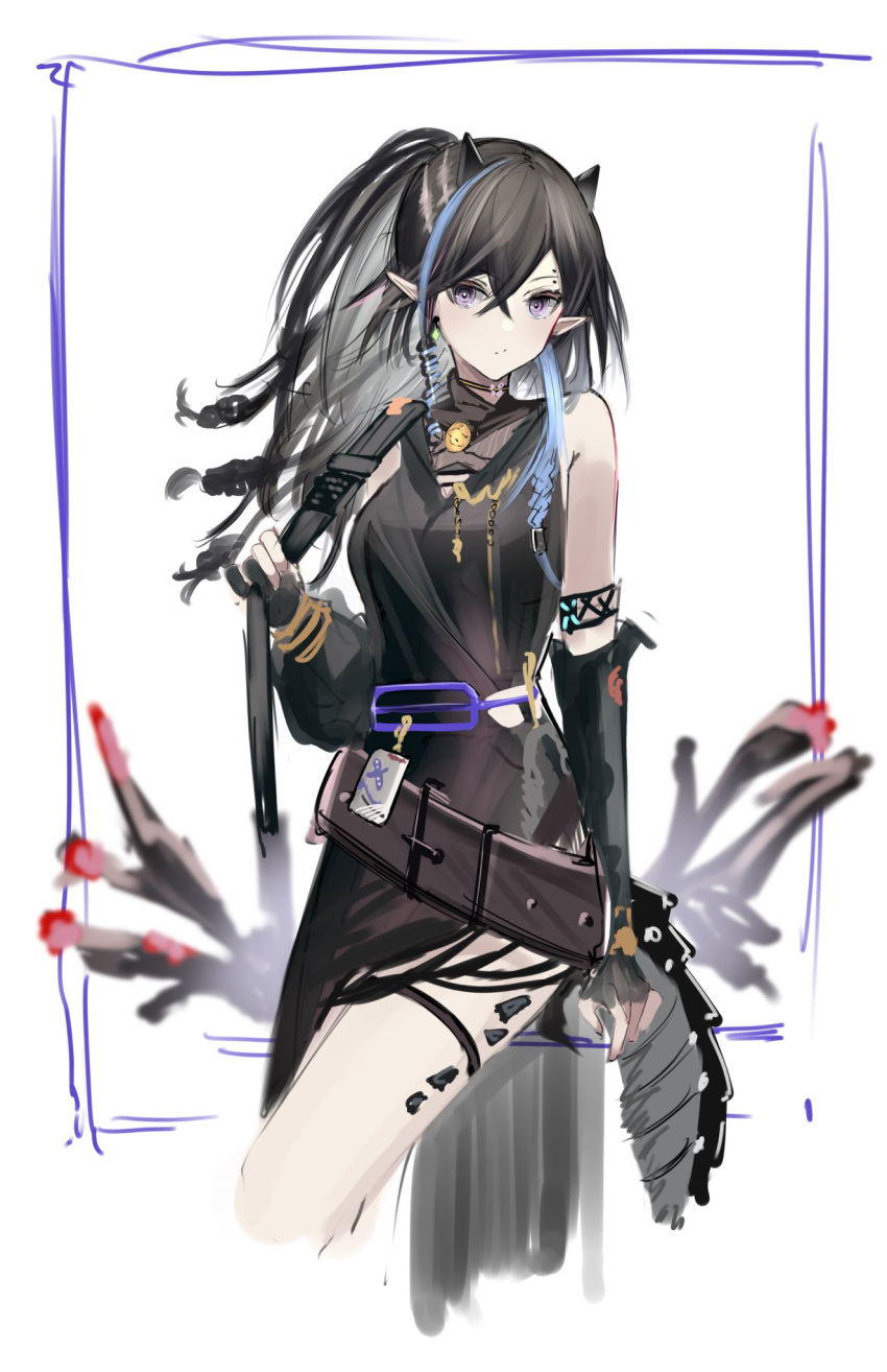 1girl arknights armlet bangs bare_shoulders belt black_dress black_gloves black_hair blacknight_(arknights) blue_hair closed_fan closed_mouth dress earrings elbow_gloves eugle_na eyebrows_visible_through_hair folding_fan gloves hand_fan highres holding holding_fan horns jewelry long_hair looking_at_viewer mole_above_eye multicolored_hair oripathy_lesion_(arknights) partially_fingerless_gloves pointy_ears ponytail single_earring sketch sleeveless sleeveless_dress solo streaked_hair thigh_strap thighs two-tone_hair violet_eyes