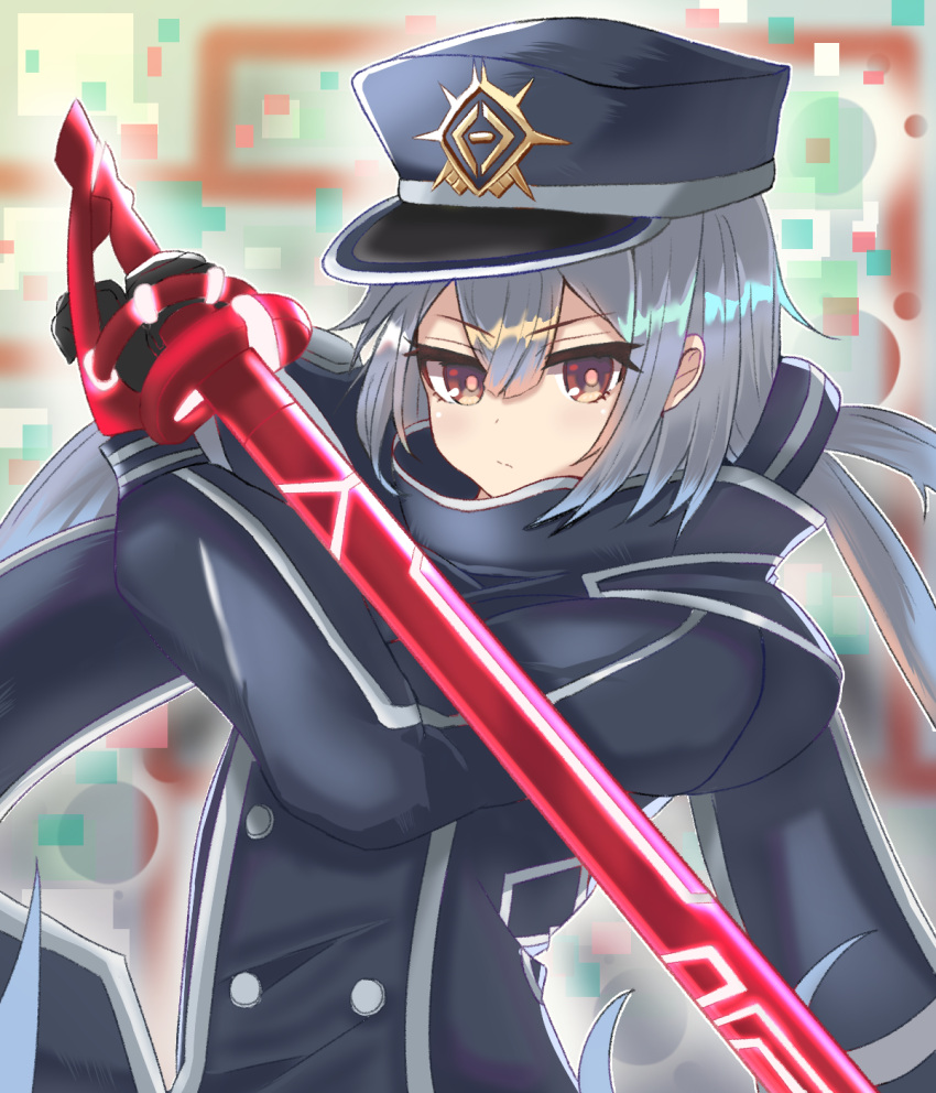 1girl absurdres b_098 bangs black_cape black_headwear black_jacket black_scarf blush boots cape closed_mouth crossed_legs duel_monster eyebrows_visible_through_hair glowing glowing_sword glowing_weapon grey_hair hair_between_eyes hat highres jacket jay long_hair looking_at_viewer low_twintails peaked_cap pelt red_eyes scarf silver_hair sky_striker_ace_-_roze solo twintails two-tone_background two-tone_dress upper_body weapon yu-gi-oh! yuu-gi-ou