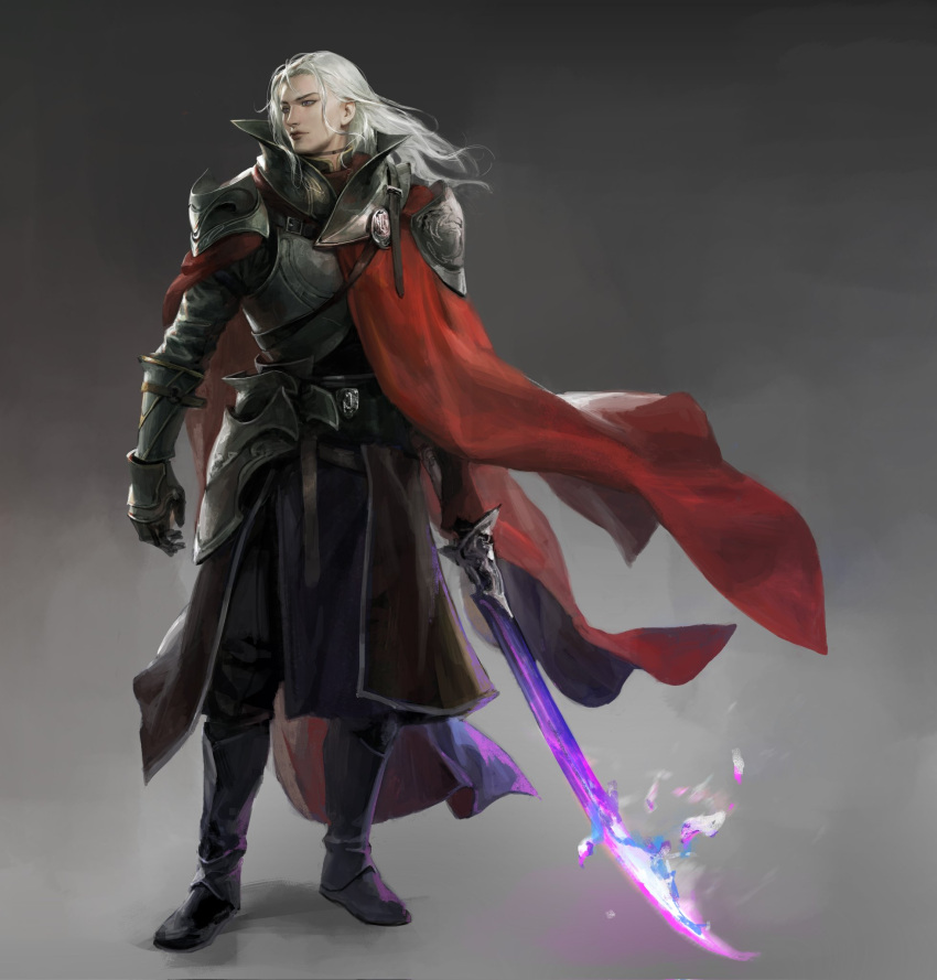 1boy armor belt belt_buckle black_choker breastplate buckle cape choker closed_mouth fantasy glowing glowing_sword glowing_weapon highres holding holding_sword holding_weapon knight long_hair male_focus original painterly pauldrons red_cape shoulder_armor solo standing sword taak_choi vambraces violet_eyes weapon white_hair