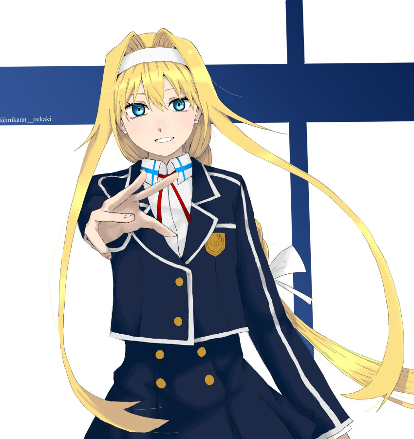 1girl alice_schuberg arm_at_side bangs blonde_hair blue_eyes border bow braid breasts commentary_request cropped_jacket double-breasted floating_hair hair_between_eyes hairband hand_in_hair hand_up highres long_hair long_skirt long_sleeves mikann__oekaki neck_ribbon parted_lips red_ribbon ribbon skirt solo sword_art_online sword_art_online:_alicization white_border white_bow white_hairband white_nails wing_collar