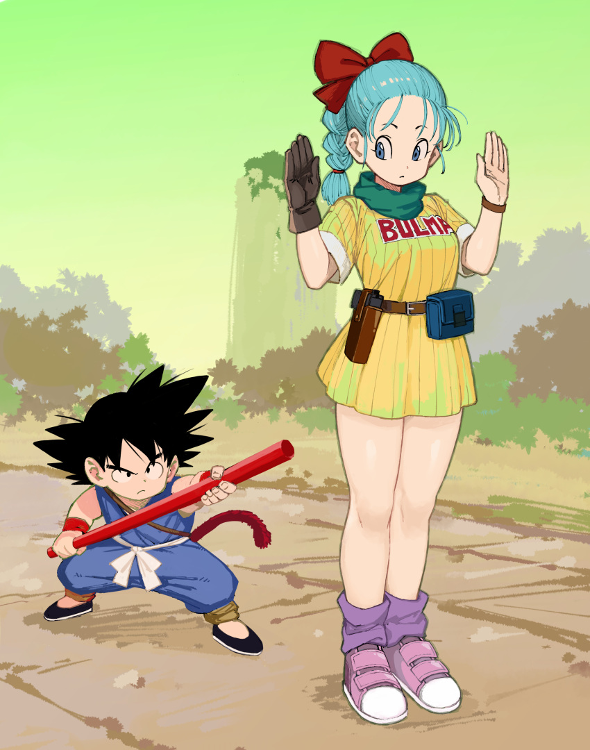 1boy 1girl absurdres age_difference ankle_boots aqua_hair bare_legs belt black_eyes black_footwear black_hair blue_eyes boots braid braided_ponytail brown_belt brown_gloves bulma character_name child closed_mouth clothes_writing day dot_nose dougi dragon_ball dragon_ball_(classic) dress fanny_pack fighting_stance fingernails full_body gloves green_scarf green_sky gun hair_ribbon hair_strand handgun hands_up height_difference highres holding holding_weapon holster holstered_weapon horizon legs_together looking_at_another looking_back looking_down loose_socks messy_hair monkey_tail mountain nature nyoibo obi outdoors pink_footwear pistol purple_legwear raised_eyebrow red_ribbon red_wristband ribbon rokoido12 rope sash scarf serious shiny shiny_hair shoes short_dress short_sleeves single_glove sky socks son_goku spiky_hair standing striped striped_dress tail vertical-striped_dress vertical_stripes watch watch weapon white_sash wristband yellow_dress
