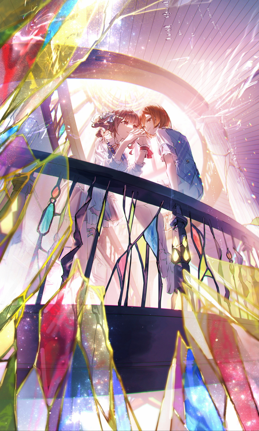 2girls absurdres balcony brown_hair colorful from_below highres karanagare_4 meiko mochizuki_honami multiple_girls project_sekai short_hair short_sleeves sitting smile stained_glass