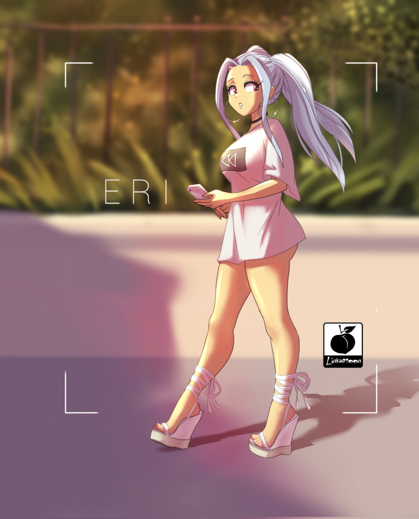 1girl artist_logo artist_name bare_legs boku_no_hero_academia breasts cellphone character_name cross-laced_footwear cross-laced_sandals earrings eri_(boku_no_hero_academia) highres holding holding_phone jewelry linkartoon long_hair looking_back outdoors phone ponytail red_eyes sandals shirt short_sleeves smartphone solo t-shirt twintails viewfinder wedge_heels white_footwear white_hair