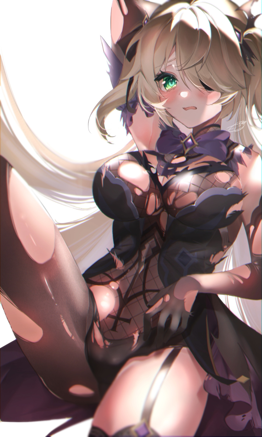 1girl arm_up armpits black_gloves black_legwear black_leotard blonde_hair blush breasts cowboy_shot detached_sleeves embarrassed fischl_(genshin_impact) fishnets garter_straps genshin_impact gloves green_eyes hair_ornament hair_over_one_eye highres large_breasts leotard long_hair looking_at_viewer moco_(moco_michi) one_eye_covered open_mouth pantyhose simple_background sitting solo thighs torn_clothes torn_gloves torn_legwear very_long_hair white_background