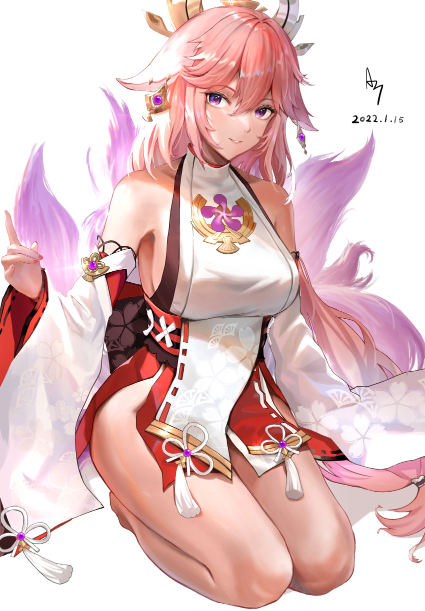 1girl a-by animal_ears bare_shoulders fox_ears fox_tail genshin_impact hair_ornament hair_over_one_eye highres japanese_clothes miko pink_hair purple_eyes solo tail wide_sleeves yae_(genshin_impact)
