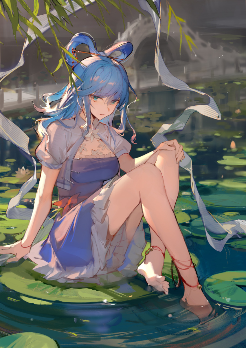 1girl adapted_costume ankle_bell anklet bangs barefoot bell blue_dress blue_eyes blue_hair breasts bridge chinese_clothes commentary dress eyebrows_behind_hair feet full_body hagoromo hair_between_eyes hair_ornament hair_rings hair_stick highres jewelry jingle_bell kaku_seiga kumatangent lake leaf lily_pad long_hair looking_at_viewer medium_breasts parted_lips shawl short_sleeves silk sitting soaking_feet solo toes touhou water willow