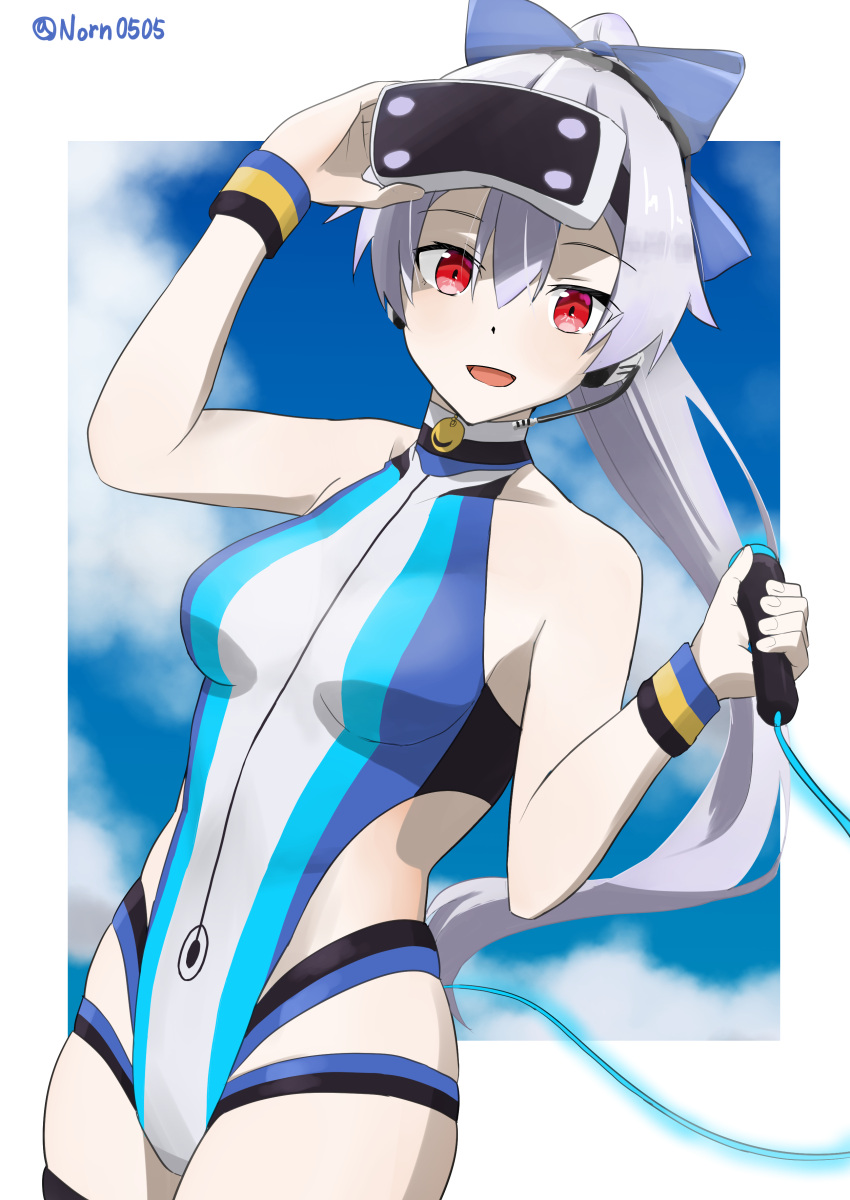 1girl absurdres arms_up ass bangs blue_bow blue_jacket blue_swimsuit blush bow breasts fate/grand_order fate_(series) highleg highleg_swimsuit highres large_breasts long_hair looking_at_viewer multicolored multicolored_clothes multicolored_swimsuit norn505 one-piece_swimsuit ponytail silver_hair solo swimsuit tomoe_gozen_(fate) tomoe_gozen_(swimsuit_saber)_(fate) two-tone_swimsuit white_swimsuit