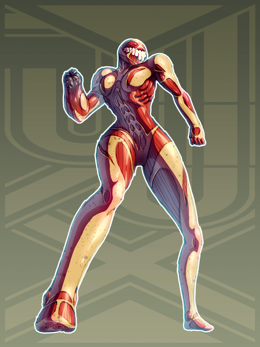 1girl arm_cannon breasts commentary_request crossover exposed_muscle female_titan full_body fusion highres medium_breasts metroid samus_aran shingeki_no_kyojin simple_background solo varia_suit weapon zededge