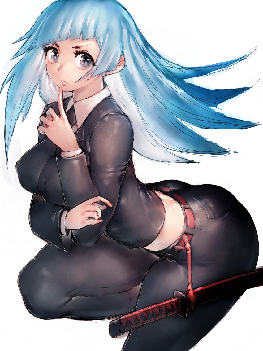 1girl arm_under_breasts belt bent_over black_eyes black_pants black_suit blue_hair breasts cropped_legs finger_to_mouth formal fumio_(rsqkr) highres jujutsu_kaisen katana knee_up large_breasts lips medium_breasts miwa_kasumi pants pose sheath sheathed shirt suit sword thighs weapon white_background white_shirt