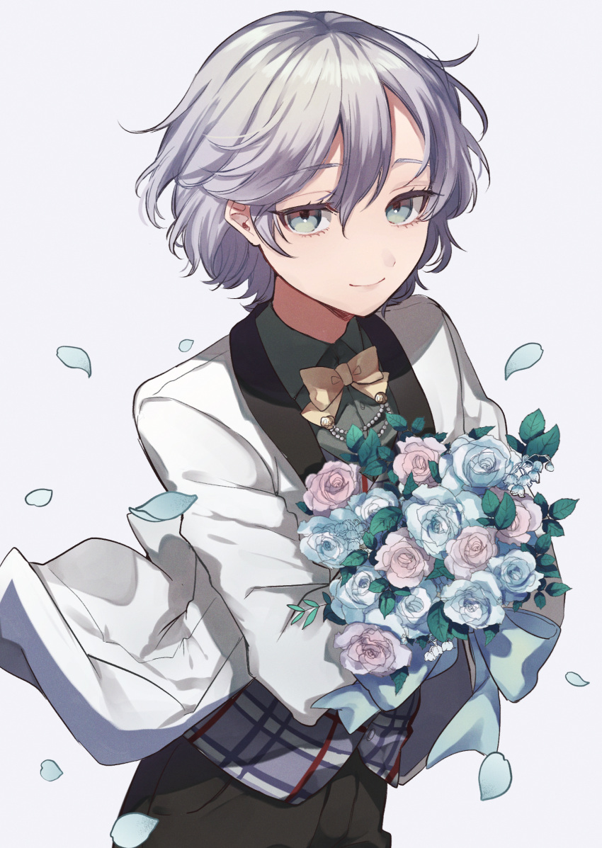 1boy androgynous blue_eyes collared_shirt epel_felmier flower formal highres kenpin looking_at_viewer looking_to_the_side necktie pale_skin pants purple_hair shirt solo suit twisted_wonderland