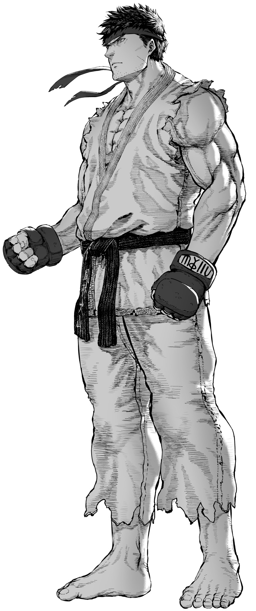 1boy absurdres bare_shoulders barefoot belt clenched_hands closed_mouth collarbone dougi facial_hair fingerless_gloves fingernails gloves greyscale hatching_(texture) headband highres karate_gi male_focus monochrome mugetsu2501 muscular muscular_male pectorals ryu_(street_fighter) simple_background solo standing street_fighter stubble toenails torn torn_clothes veins white_background