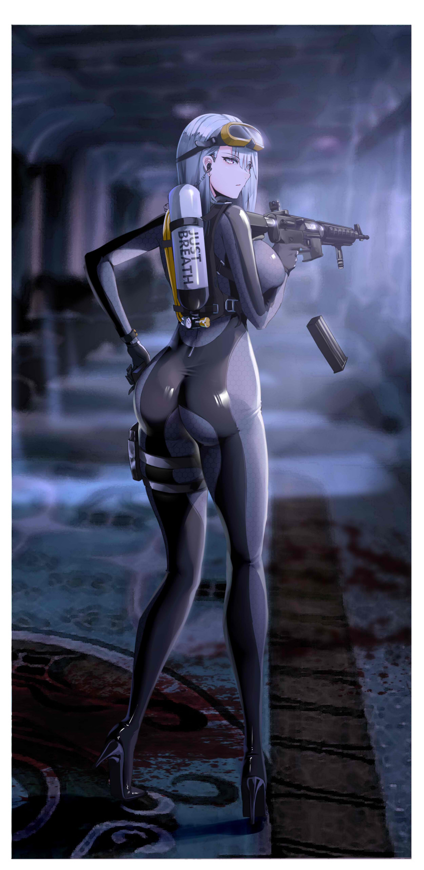 1girl 9h absurdres ass assault_rifle bodysuit breasts earpiece expressionless eyebrows_visible_through_hair from_behind goggles goggles_on_head grey_eyes grey_hair gun high_heels highres holding holding_gun holding_weapon holster indoors large_breasts magazine_(weapon) original oxygen_tank reloading rifle skin_tight solo thigh_holster thighs trigger_discipline watch weapon white_hair