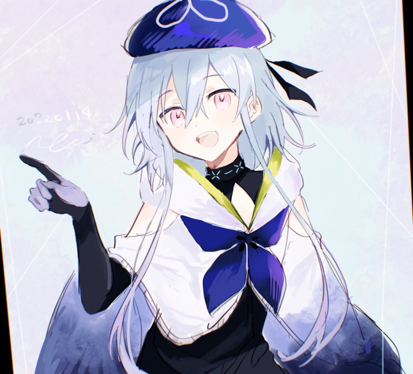 1boy androgynous arknights artist_name bishounen blue_hair blue_ribbon commentary commentary_request gloves hat highres long_hair male_focus mizuki_(arknights) nstlgie open_mouth pointing ribbon shirt smile solo upper_body violet_eyes white_background white_shirt