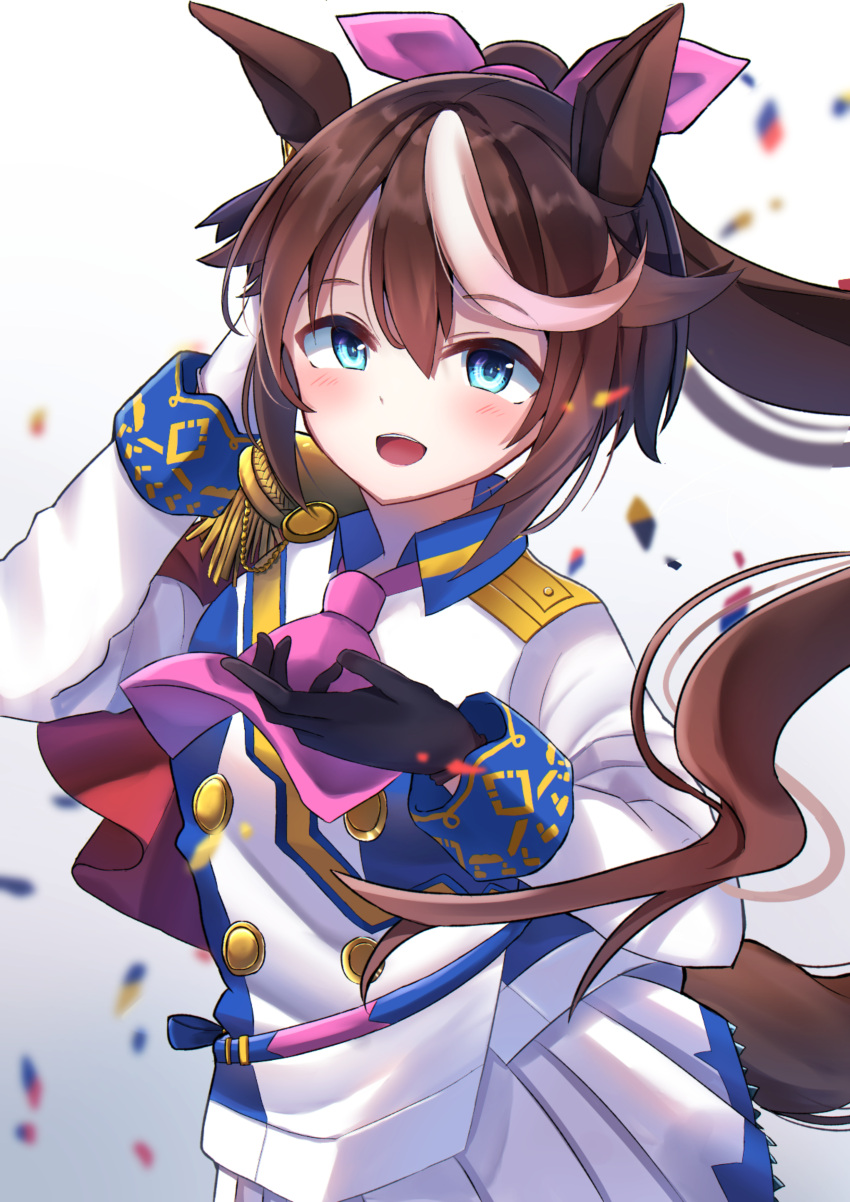 1girl :d absurdres animal_ears ascot bangs blue_eyes blue_sky blurry blurry_background brown_hair clouds day depth_of_field epaulettes eyebrows_visible_through_hair hair_between_eyes hair_ribbon hand_on_hip hand_up high_ponytail highres horse_ears horse_girl horse_tail jacket kurenai06250504 looking_at_viewer multicolored_hair outdoors pink_neckwear pink_ribbon pleated_skirt ponytail ribbon single_epaulette skirt sky smile solo streaked_hair tail tokai_teio umamusume white_hair white_jacket white_skirt