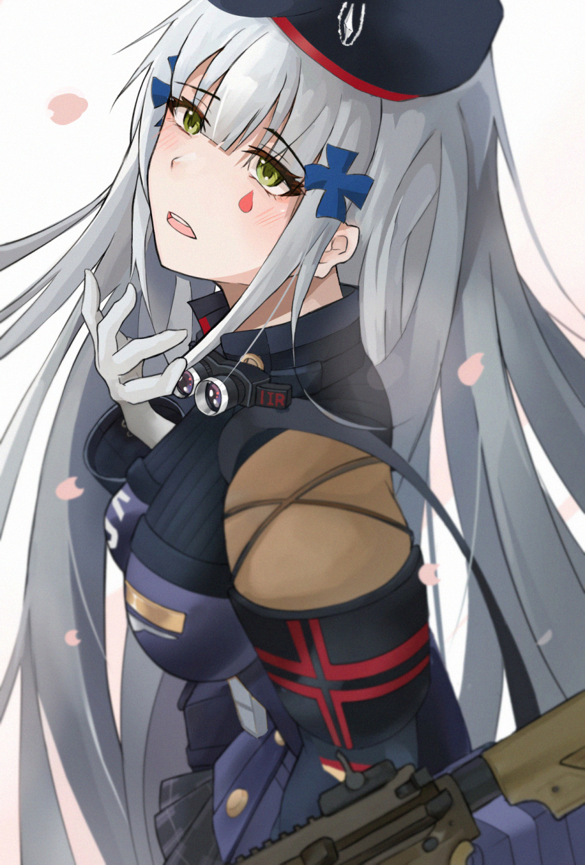 1girl arm_up assault_rifle bangs beret blush breasts eyebrows_visible_through_hair girls_frontline gloves green_eyes gun h&amp;k_hk416 hair_ornament hairclip hat highres hk416_(girls'_frontline) light_blue_hair long_hair looking_up medium_breasts open_mouth petals rifle solo teardrop_facial_mark teardrop_tattoo teeth umber00 upper_body upper_teeth weapon white_background white_gloves