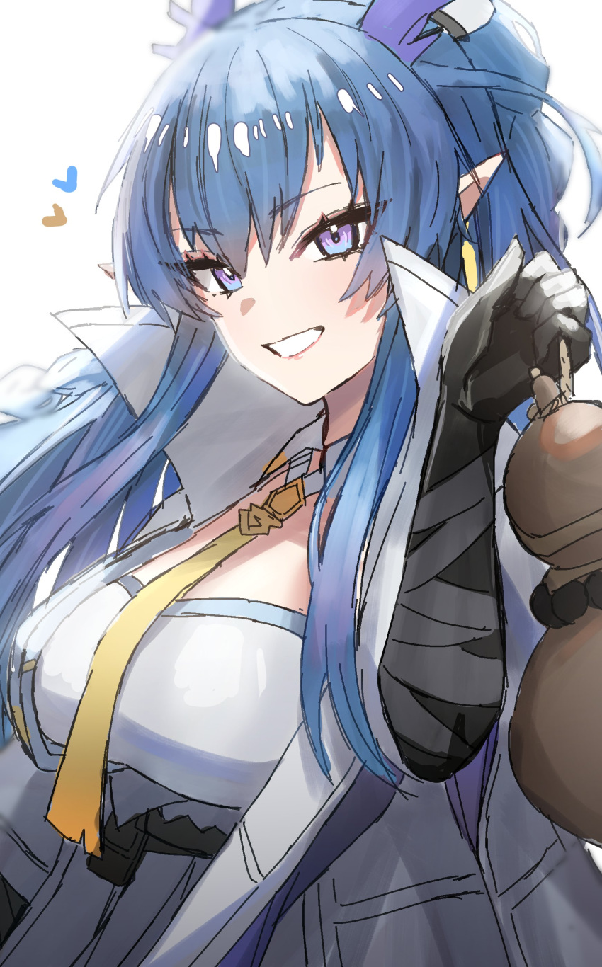 1girl :d absurdres arknights bangs black_gloves blue_eyes blue_hair breasts dragon_horns dress earrings elbow_gloves eyebrows_visible_through_hair gloves gourd heart highres holding horns jewelry large_breasts ling_(arknights) long_hair looking_at_viewer necktie parted_lips pointy_ears ponytail raw_egg_lent sidelocks simple_background smile solo strapless strapless_dress upper_body white_background white_dress yellow_necktie