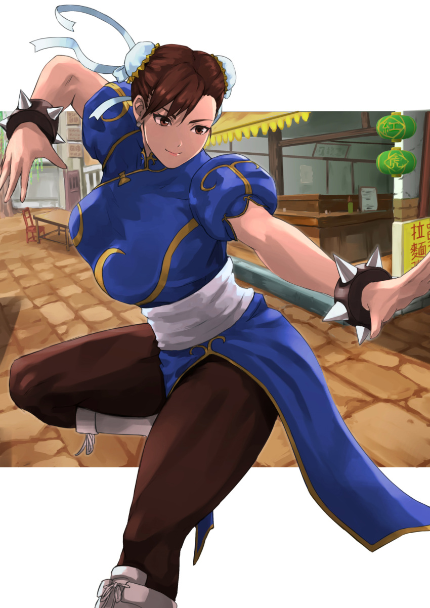 1girl blue_dress bracelet breasts brown_eyes brown_hair brown_legwear building bun_cover chair china_dress chinese_clothes chun-li cowboy_shot cross-laced_footwear double_bun dress earrings eyebrows_visible_through_hair fighting_stance hair_between_eyes highres jewelry lantern lips medium_breasts pantyhose paper_lantern pelvic_curtain puffy_short_sleeves puffy_sleeves restaurant road sash short_sleeves spiked_bracelet spikes standing standing_on_one_leg street street_fighter table tuzi717