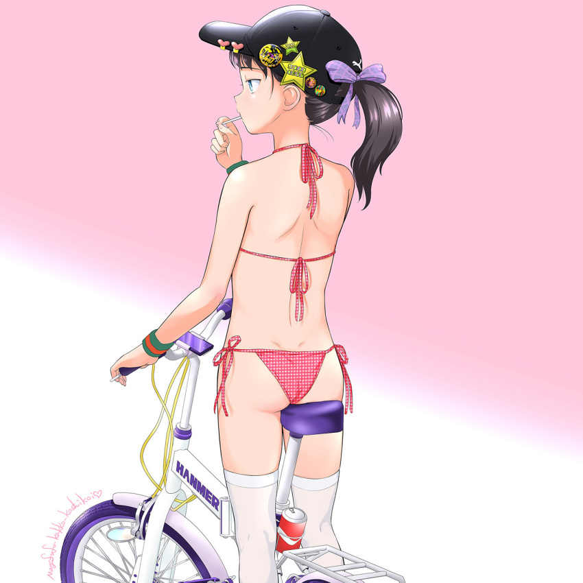 1girl ass badge bangs bare_shoulders baseball_cap bicycle bikini black_hair black_headwear bow button_badge can commentary_request feet_out_of_frame from_behind gradient gradient_background green_eyes ground_vehicle hair_bow halter_top halterneck hand_up hat heart highres long_hair looking_away mayafufu original pink_background plaid plaid_bow polka_dot polka_dot_bikini ponytail purple_bow red_bikini side-tie_bikini solo standing star_(symbol) sweatband swimsuit thigh-highs white_background white_legwear wristband