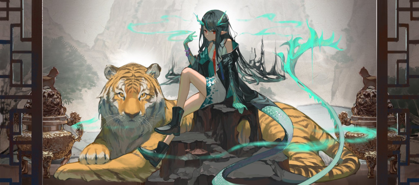 1girl animal arknights bare_legs bare_shoulders black_coat black_footwear black_hair blue_hair boots clay_(clayjun) coat colored_skin day dragon_girl dragon_horns dragon_tail dress dusk_(arknights) fiery_tail fire full_body green_fire green_skin highres horns incense incense_burner ink knee_boots knee_up long_hair long_sleeves multicolored_hair necktie open_clothes open_coat outdoors pointy_ears red_eyes red_necktie rock sitting solo tail tiger two-tone_hair very_long_hair whiskers white_dress