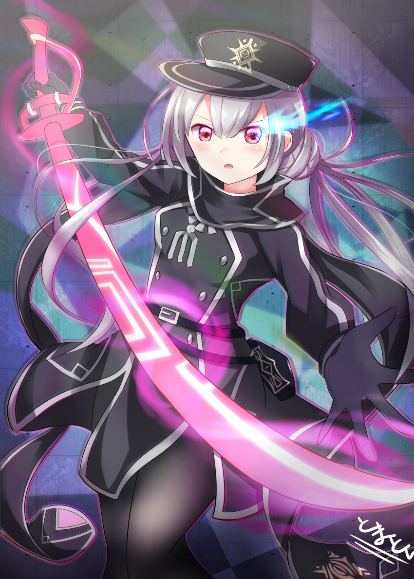 1girl absurdres bangs black_cape black_headwear black_jacket black_scarf blush boots cape closed_mouth crossed_legs duel_monster eyebrows_visible_through_hair glowing glowing_sword glowing_weapon grey_hair hair_between_eyes hat highres jacket long_hair looking_at_viewer low_twintails peaked_cap pelt red_eyes scarf silver_hair sky_striker_ace_-_roze solo tomaton twintails two-tone_background two-tone_dress upper_body weapon yu-gi-oh! yuu-gi-ou