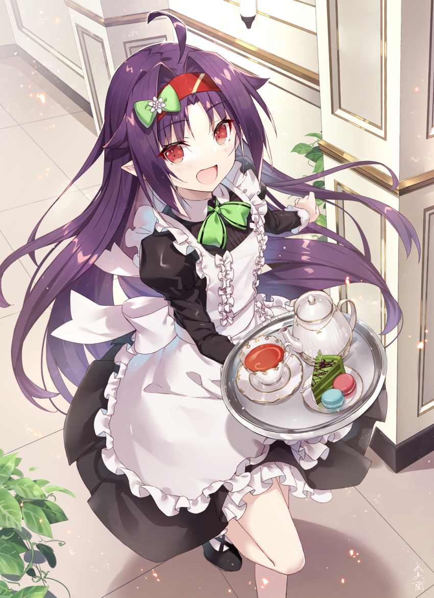 1girl :d ahoge alternate_costume apron bangs black_dress bow cake cup dress enmaided eyebrows_visible_through_hair food frilled_apron frills gabiran green_bow hair_bow hair_intakes hairband highres holding holding_tray long_hair long_sleeves looking_at_viewer maid parfait plant plate potted_plant purple_hair red_eyes red_hairband shiny shiny_hair smile solo sword_art_online tea teacup tray white_apron yuuki_(sao)