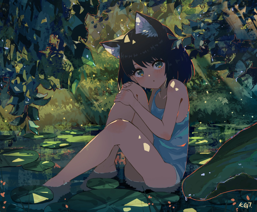 1girl :o animal_ear_fluff animal_ears black_hair cat_ears forest highres kgt_(pixiv12957613) leg_up lily_pad nature original outdoors partially_submerged shade sitting solo tank_top water
