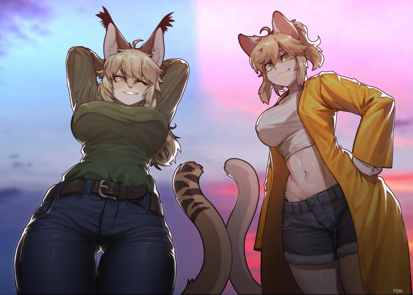 2girls animal_ears arms_behind_head artist_name ass_visible_through_thighs belt belt_buckle blonde_hair breasts buckle cowboy_shot denim denim_shorts furry hair_between_eyes highres jeans large_breasts long_sleeves looking_at_viewer midriff multiple_girls navel one_eye_closed original pants parted_lips pgm300 ponytail shorts tail teeth trench_coat watermark